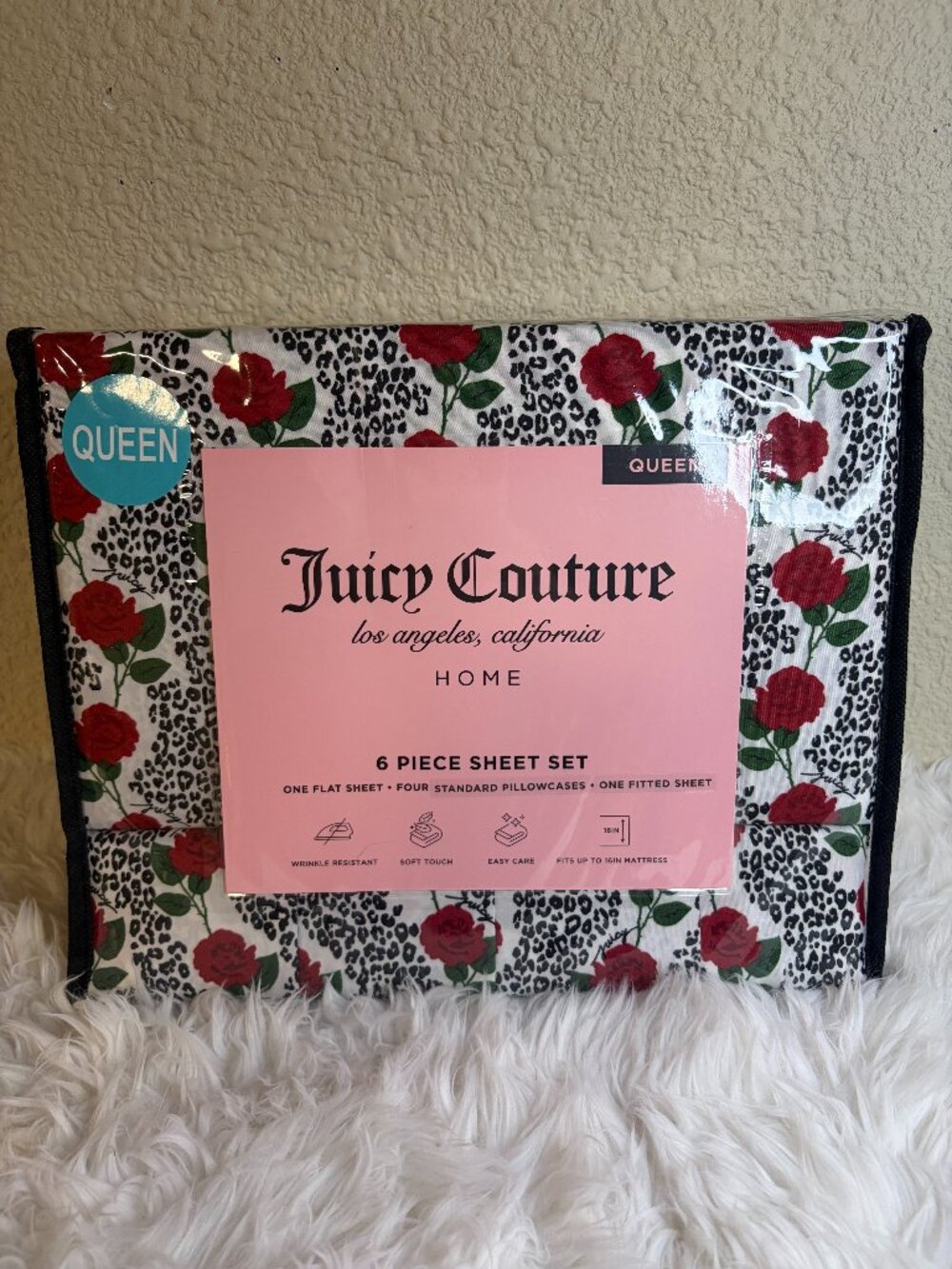 Juicy Couture Queen Sheet Set Leopard Rose 6 Piece Bedding NWT